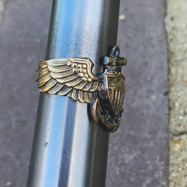 ★１９３０年代＊アメリカ軍＊海軍＊銀製＋金張り製＊パイロット章/ＷＩＮＧ（実物） WW2 Authentic Silver Naval Aviator Pilot Wing Ring - Hand Made
