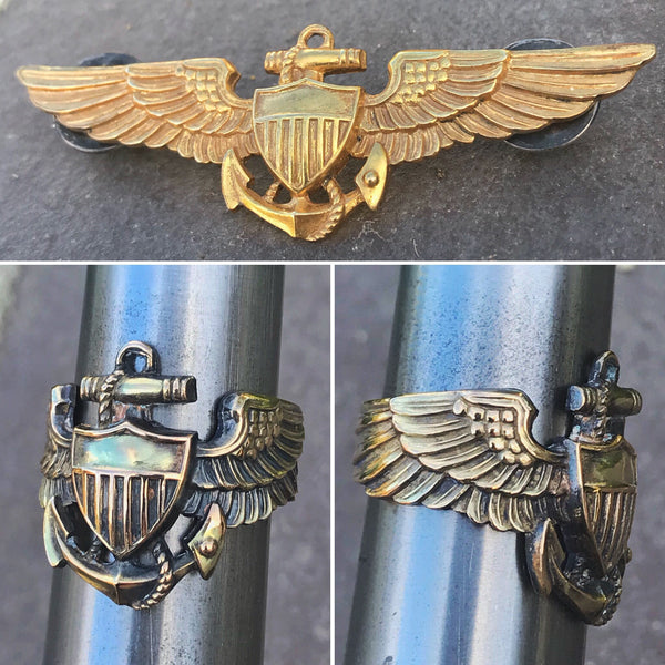 ★１９３０年代＊アメリカ軍＊海軍＊銀製＋金張り製＊パイロット章/ＷＩＮＧ（実物） WW2 Authentic Silver Naval Aviator Pilot Wing Ring - Hand Made